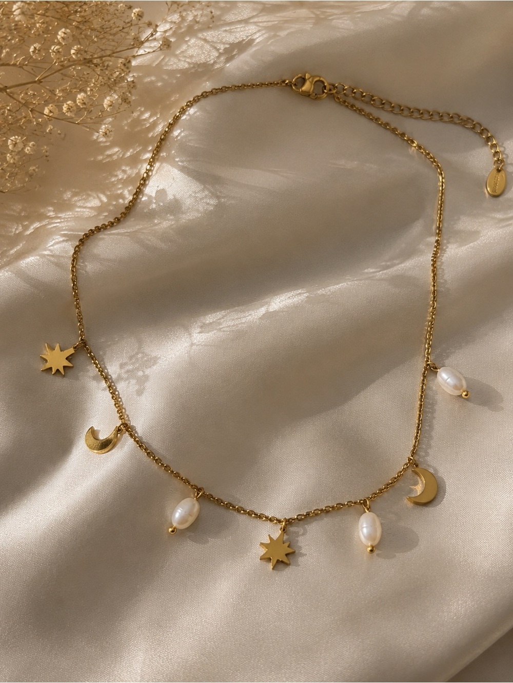 Gold Plated Celestial Star & Moon Pearl Charm Necklace